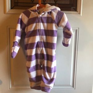 Purple and white striped one piece snowsuit